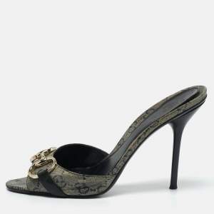 Gucci Grey/Navy Blue GG Supreme Canvas Horsebit Open Toe Slide Sandals Size 37