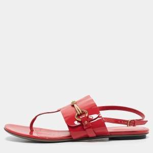 Gucci Pink Patent Leather Horsebit Thong Slingback Flat Sandals Size 39.5