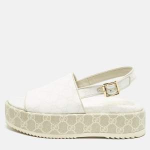 Gucci White/Beige GG Supreme Canvas Platform Sandals Size 38.5