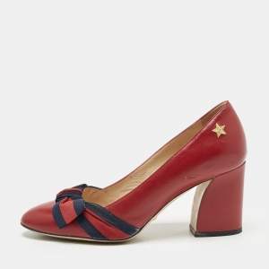 Gucci Red Leather Web Bow Block Heel Pumps Size 36.5