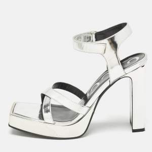 Gucci Silver Leather Buckle Crystal Embellished Ankle Strap Platform Sandals Size 36
