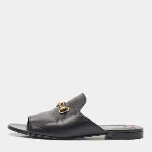 Gucci Black Leather Princetown Horsebit Flat Slide Sandals Size 38