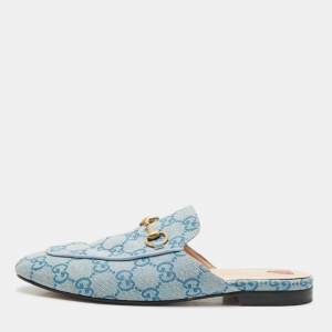 Gucci Blue GG Canvas Princetown Horsebit Flat Mules Size 37.5