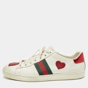Gucci White Leather Ace Web Heart Detail Lace Up Sneaker Size 41