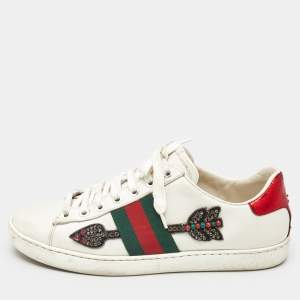 Gucci White Leather Ace Arrow Applique Low Top Sneakers Size 36.5