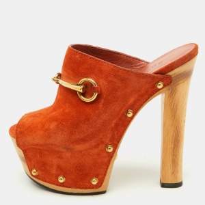 Gucci Orange Suede Horsebit Open Toe Platform Mules Size 35