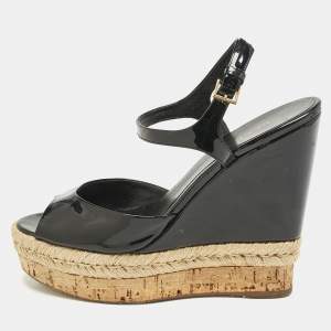 Gucci Black Patent Leather Cork Espadrille Platform Wedge Ankle Strap Sandals Size 38