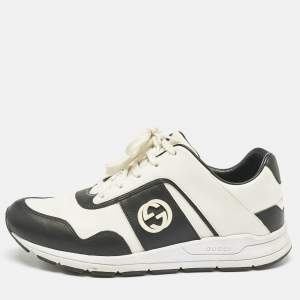 Gucci Black/White Leather Interlocking GG Lace Up Low Top Sneakers Size 39