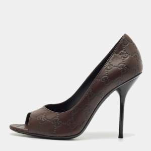 Gucci Brown Guccissima Leather Peep Toe Pumps Size 38