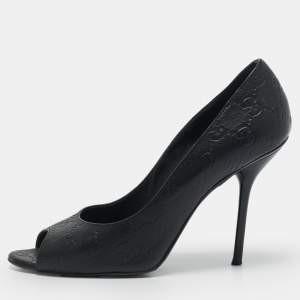 Gucci Black Guccissima Leather Peep Toe Pumps Size 38.5