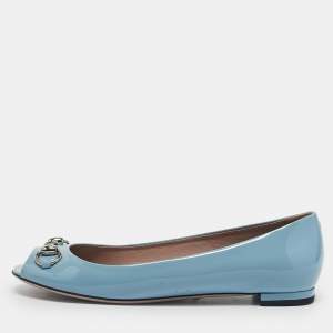 Gucci Light Blue Patent Leather Horsebit Peep Toe Ballet Flats Size 37.5