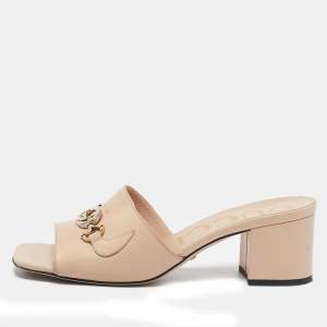 Pre Owned Gucci Beige Leather Horsebit Slide Sandals Size 39.5