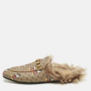 Gucci x Disney Brown Mickey Mouse Print GG Supreme Canvas Princetown Flat Mules Size 37.5
