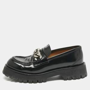 Gucci Black Leather Interlocking G Lug Sole Slip On Loafers Size 40