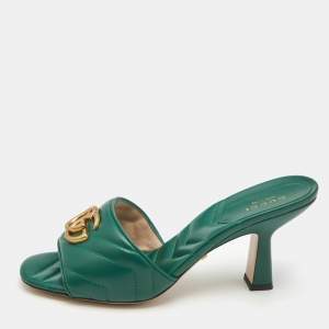 Gucci Green Matelassé Leather GG Marmont Slide Sandals Size 37.5