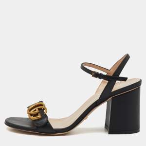 Gucci Black Leather GG Marmont Block Heel Ankle Strap Sandals Size 37