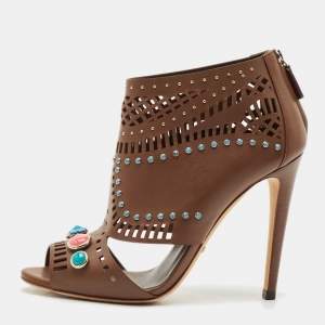 Gucci Brown Leather Lika Embellished Booties Size 38.5