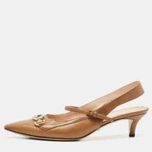 Gucci Brown Leather Interlocking G Horsebit Zumi Slingback Pumps Size 39