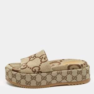 Pre Owned Gucci Beige Jumbo GG Canvas Platform Slides Size 37