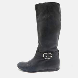Gucci Black Leather GG Riding Knee Length Boots Size 40