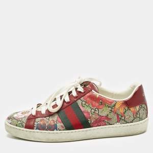 Gucci Red GG Floral GG Canvas and Leather Ace Low Top Sneakers Size 37.5