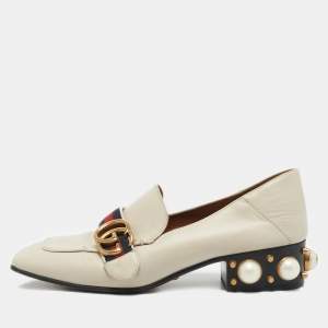 Gucci Off White Leather Interlocking G Horsebit Slip On Loafers Size 36.5