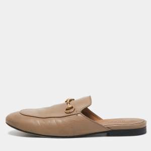 Gucci Beige Leather Horsebit Princetown Flat Mules Size 38