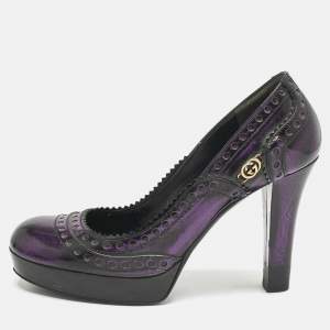 Gucci Purple/Black Leather Brogue Round Toe Platform Pumps Size 37.5