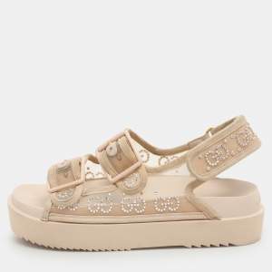 Gucci Beige Mesh and Suede Isla GG Crystal Embellished Slingback Sandals Size 36