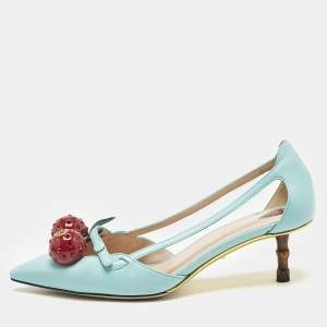 Gucci Blue Leather Unia Cherry Embellished Pointed Toe Pumps Size 35