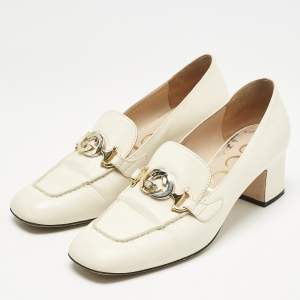 Gucci Off White Leather Zumi GG Block Heel Loafer Pumps Size 40