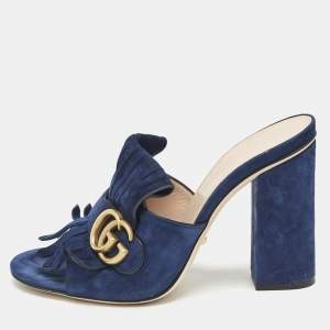 Gucci Navy Blue Suede GG Marmont Fringe Block Heel Slide Sandals Size 39