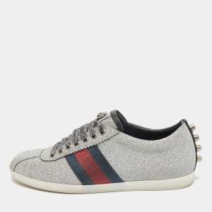 Gucci Silver Glitter Leather Bambi Web Sneakers Size 36