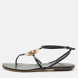 Gucci Black Patent Leather Logo Buckle Flat Thong Sandals Size 39