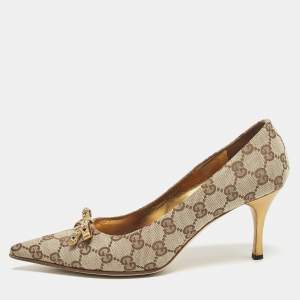 Gucci Beige GG Canvas and Leather Crystal Embellished Bow Pumps Size 37