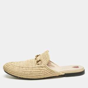 Gucci Beige Raffia Princetown Mules Size 40