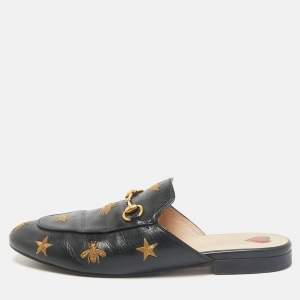 Gucci Black Leather Bee and Star Embroidered Horsebit Princetown Flat Mules Size 38