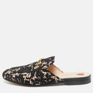 Gucci Black/Beige Lace and Leather Horsebit Princetown Flat Mules Size 38