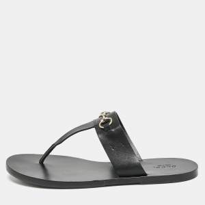 Gucci Black Leather Horsebit Thong Flats Size 39.5