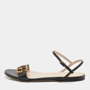 Gucci Black Leather GG Marmont Ankle Strap Flat Sandals Size 36