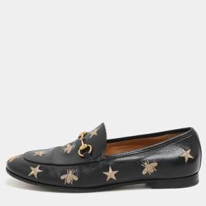 Gucci Black Leather Embroidered Bee Star Horsebit Slip On Loafers Size 38