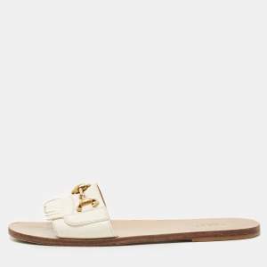 Gucci Off White Leather Horsebit Fringe Detail Flat Slides Size 39