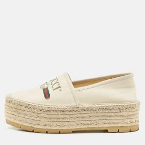 Gucci Off White Canvas Logo Platform Espadrille Flats Size 39.5