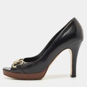 Gucci Black Leather Horsebit Peep Toe Platform Pumps Size 38