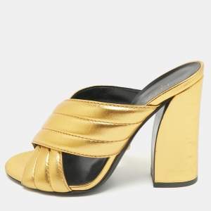 Gucci Metallic Gold Leather Webby Slide Sandals Size 39.5