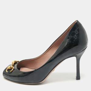 Gucci Black Micro Guccissima Patent Leather Horsebit Peep Toe Pumps Size 36.5