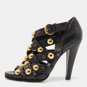 Gucci Black Leather Babouska Studded Criss Cross Open Toe Sandals Size 37
