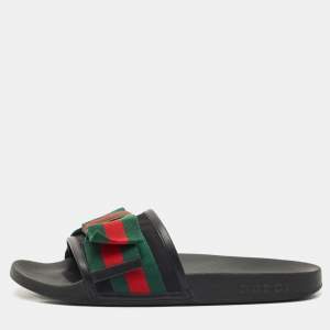 Gucci Tri Color Canvas and Leather Trim Sylvie Flat Slides Size 39