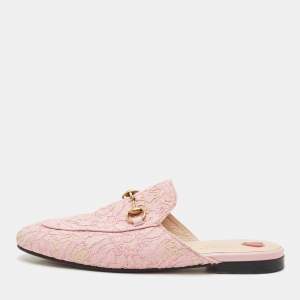 Gucci Pink Lace Princetown Flat Mules Size 38