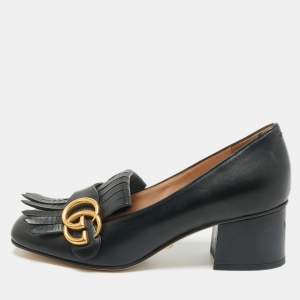 Gucci Black Leather GG Marmont Fringe Block Heel Pumps Size 35